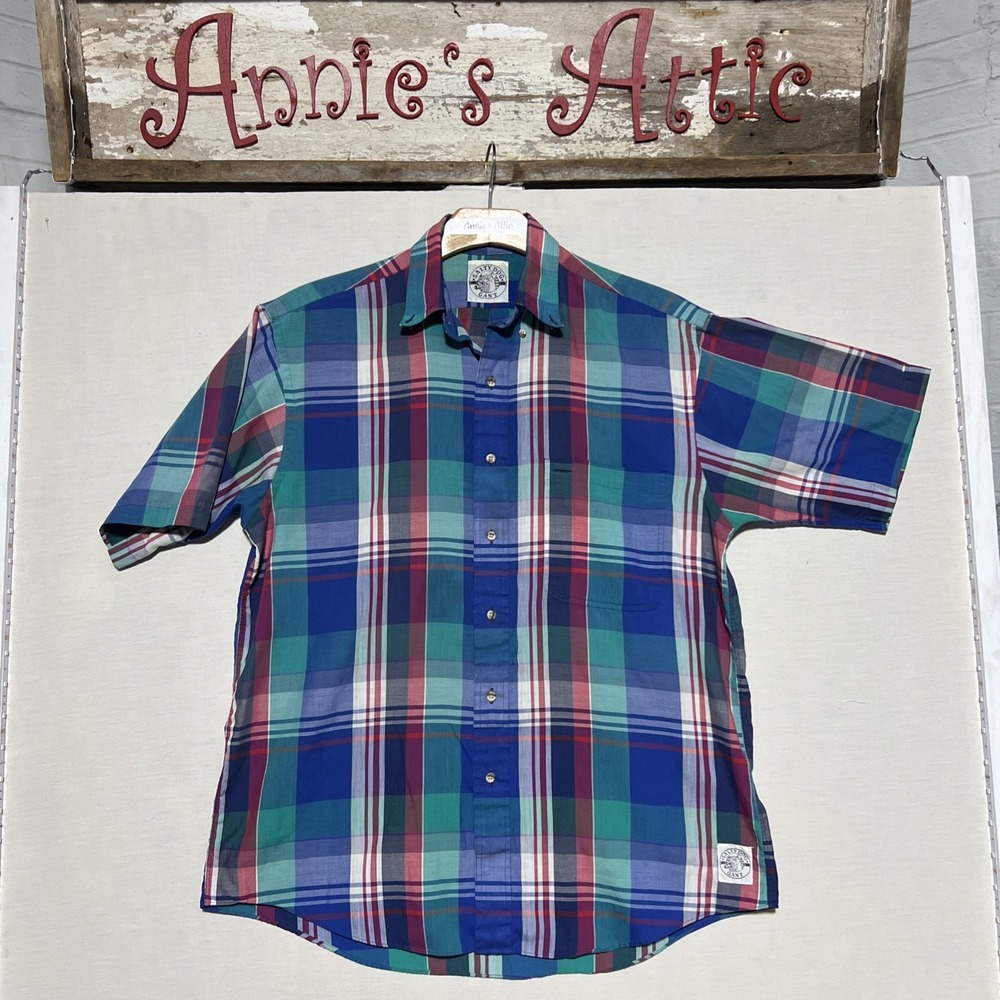Gant Salty Dog Medium Short Sleeve Shirt Blue Green Red Plaid Cotton Blend